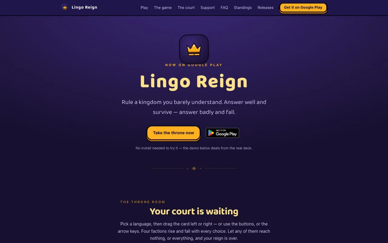 Lingo Reign — Landing page d’un jeu